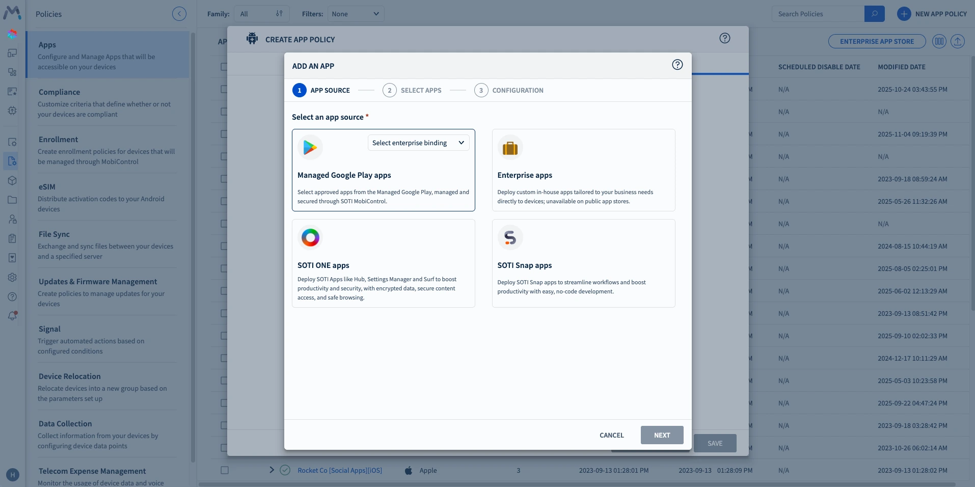 ADD AN APP Screen, options include Manged Google Play Apps, Enterprise Apps, SOTI ONE apps, and SOTI SNAP apps
